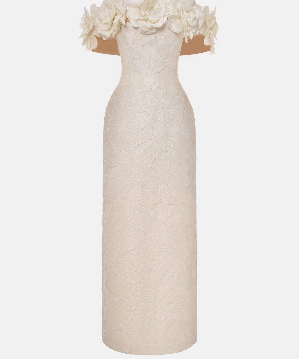 White Off The Shoulder Maxi Gown With 3D Floral Appliques