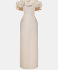 White Off The Shoulder Maxi Gown With 3D Floral Appliques