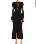 Black Midi Formal Dress With Deep V Floral Lace Long Sleeves and Cape Shoulder