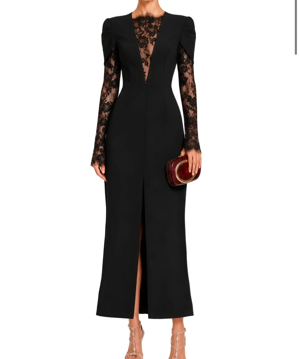 Black Midi Formal Dress With Deep V Floral Lace Long Sleeves and Cape Shoulder
