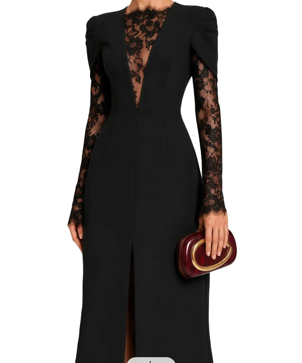 Black Midi Formal Dress With Deep V Floral Lace Long Sleeves and Cape Shoulder