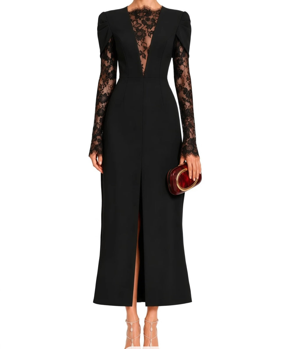 Black Midi Formal Dress With Deep V Floral Lace Long Sleeves and Cape Shoulder