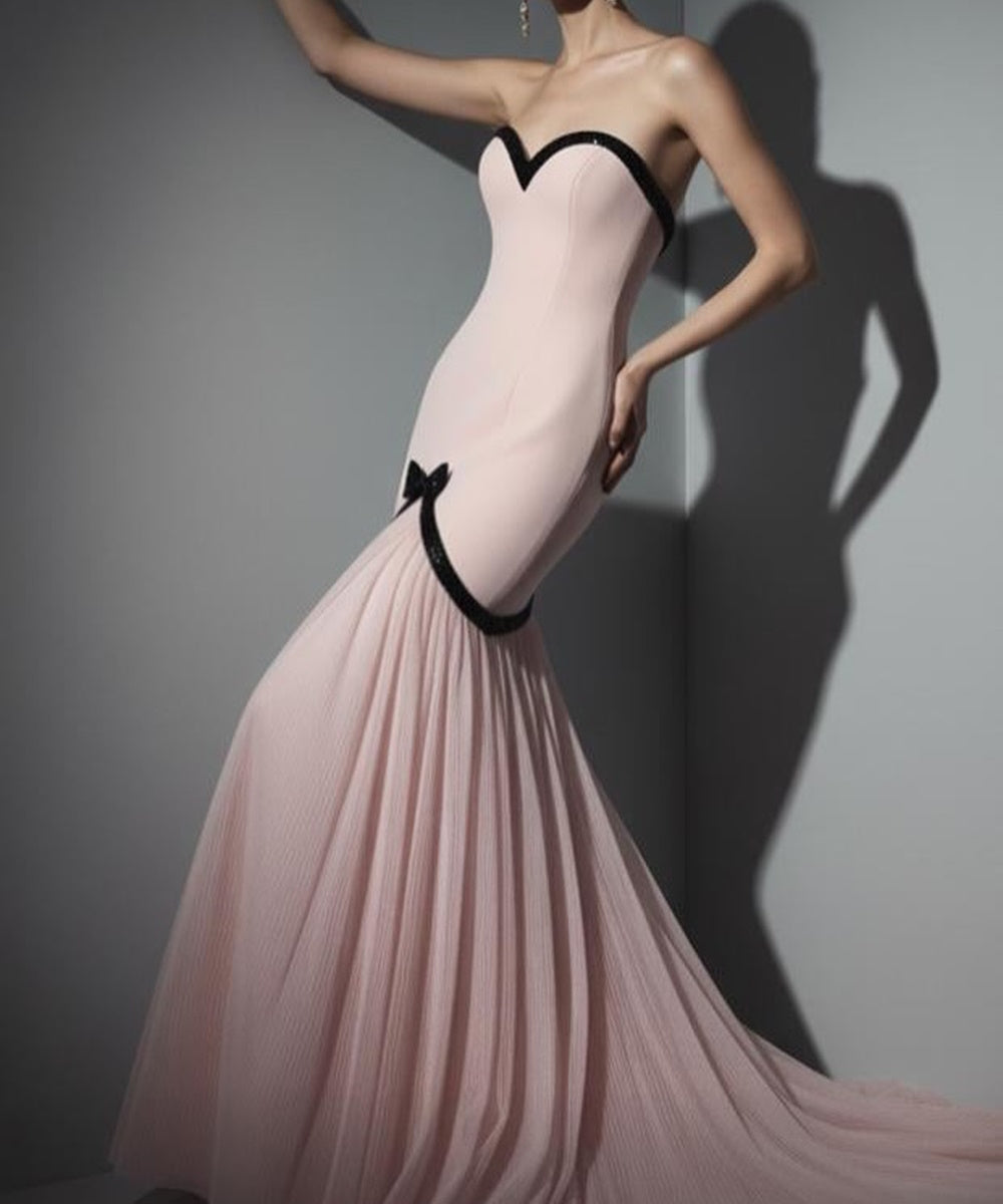 Blush Strapless Sweetheart Mermaid Evening Gown With Black Bow Trim
