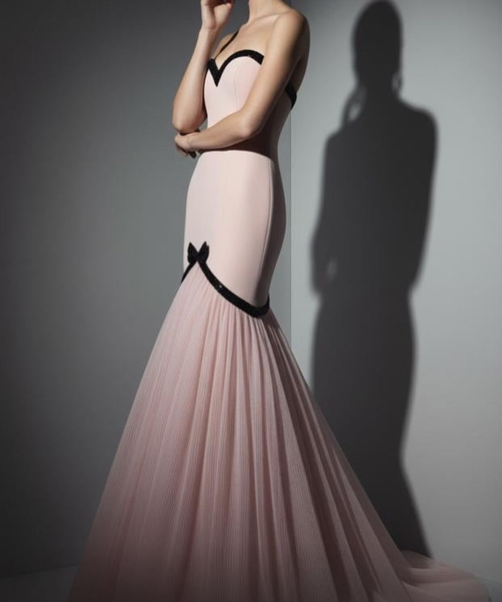 Blush Strapless Sweetheart Mermaid Evening Gown With Black Bow Trim