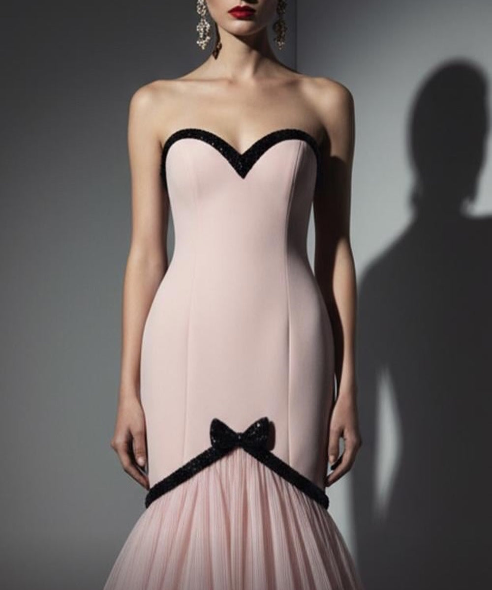 Blush Strapless Sweetheart Mermaid Evening Gown With Black Bow Trim
