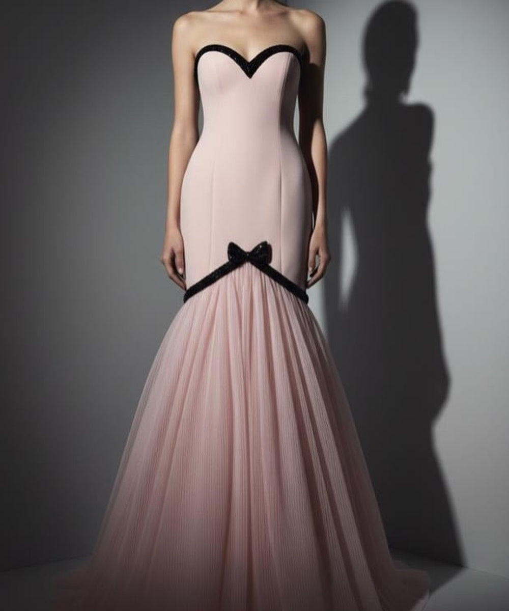 Blush Strapless Sweetheart Mermaid Evening Gown With Black Bow Trim