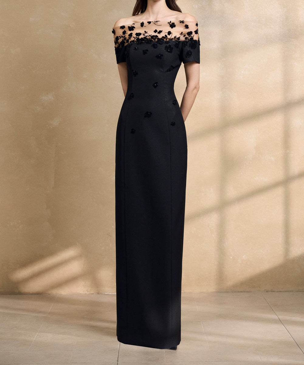 Black Off The Shoulder Maxi Gown With 3D Floral Appliques