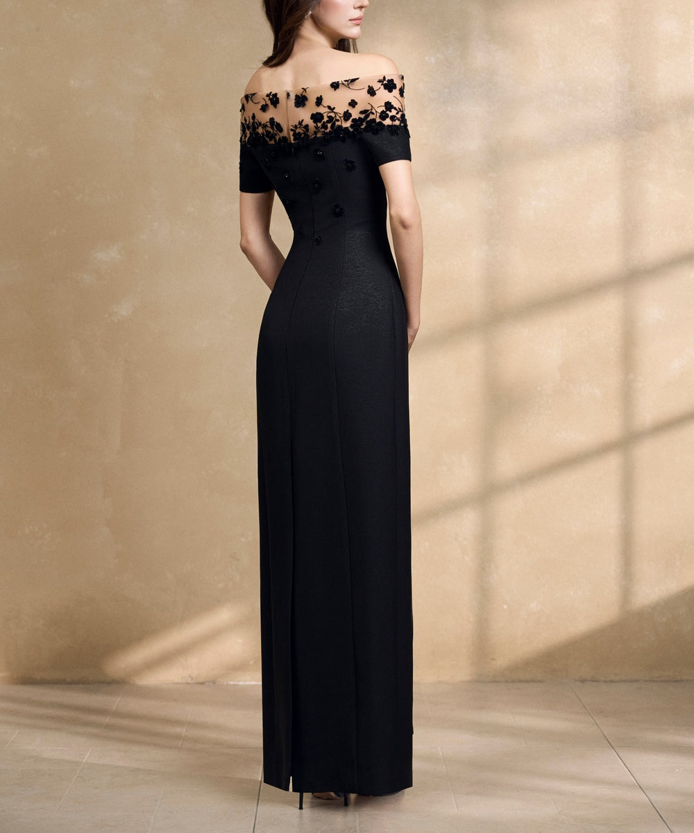Black Off The Shoulder Maxi Gown With 3D Floral Appliques