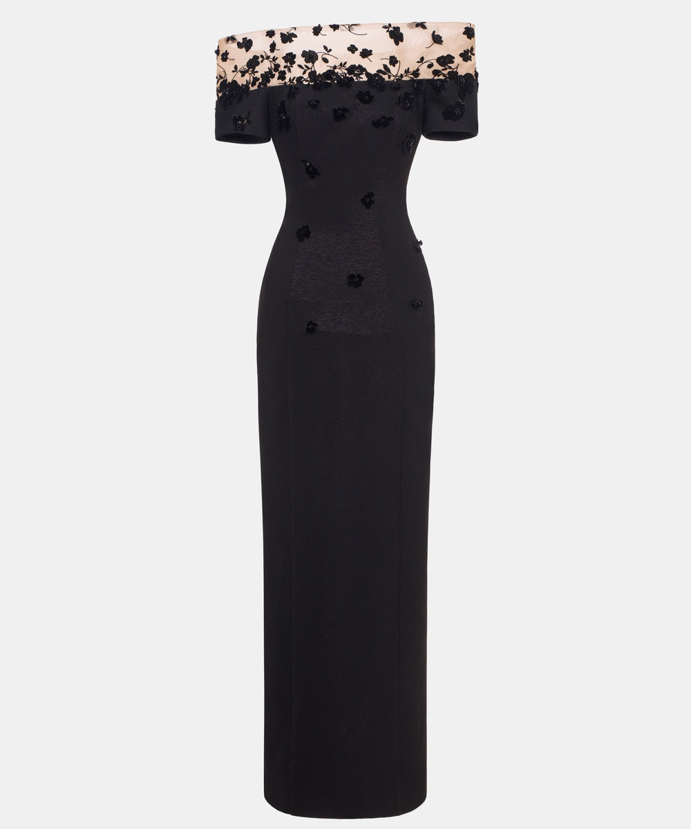 Black Off The Shoulder Maxi Gown With 3D Floral Appliques