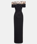 Black Off The Shoulder Maxi Gown With 3D Floral Appliques