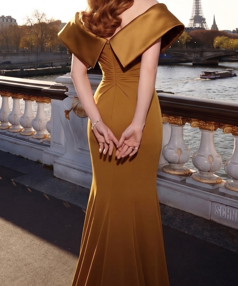 Off The Shoulder Gold Satin Mermaid Evening Gown