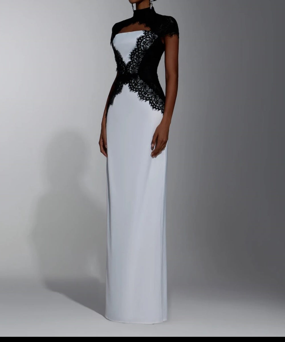White Mermaid Formal Gown With Black Lace High Neck Cap Sleeve