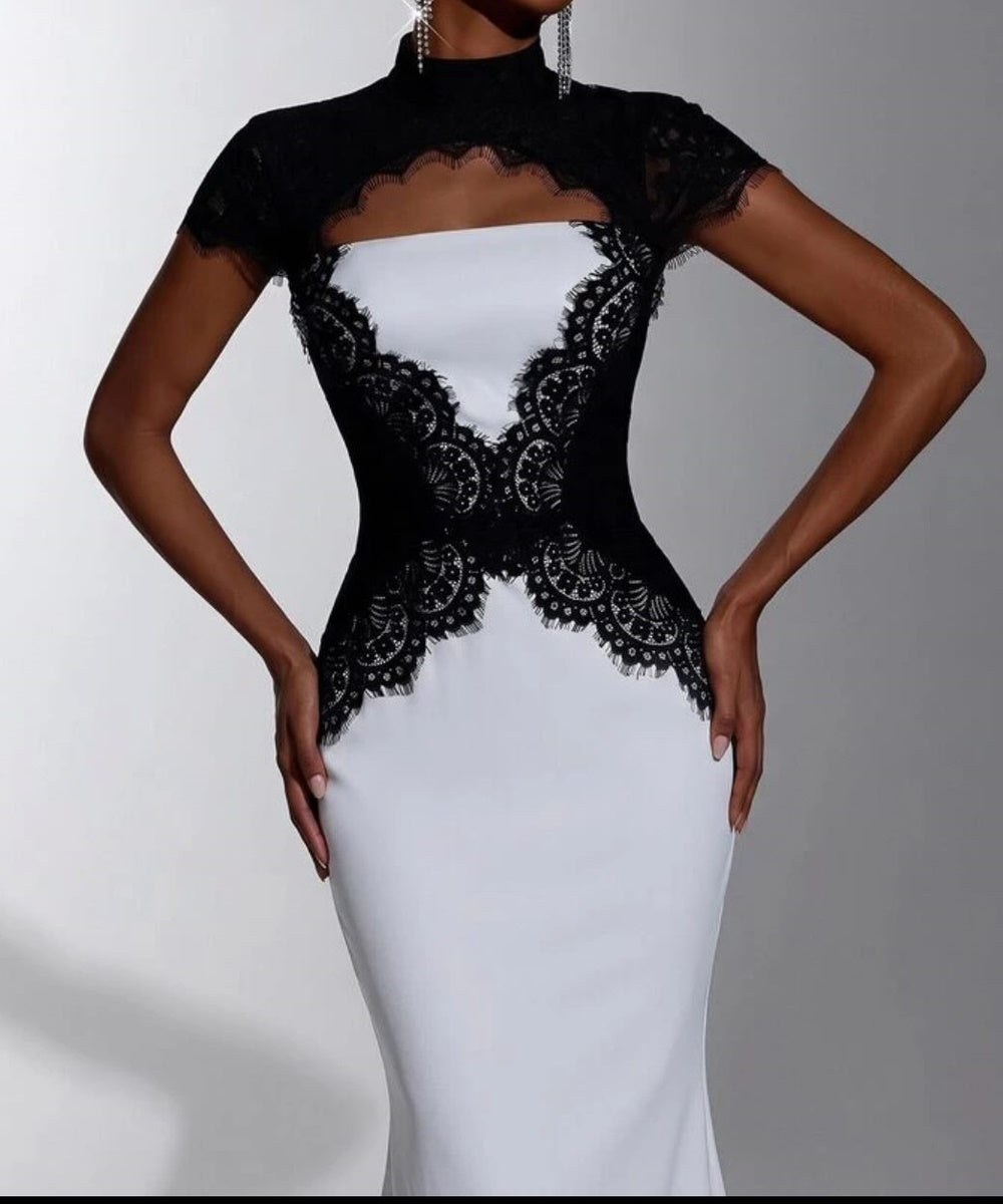 White Mermaid Formal Gown With Black Lace High Neck Cap Sleeve