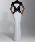 White Mermaid Formal Gown With Black Lace High Neck Cap Sleeve