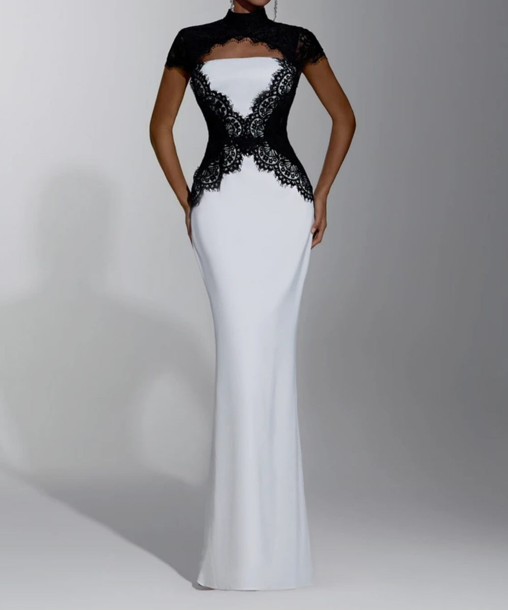 White Mermaid Formal Gown With Black Lace High Neck Cap Sleeve
