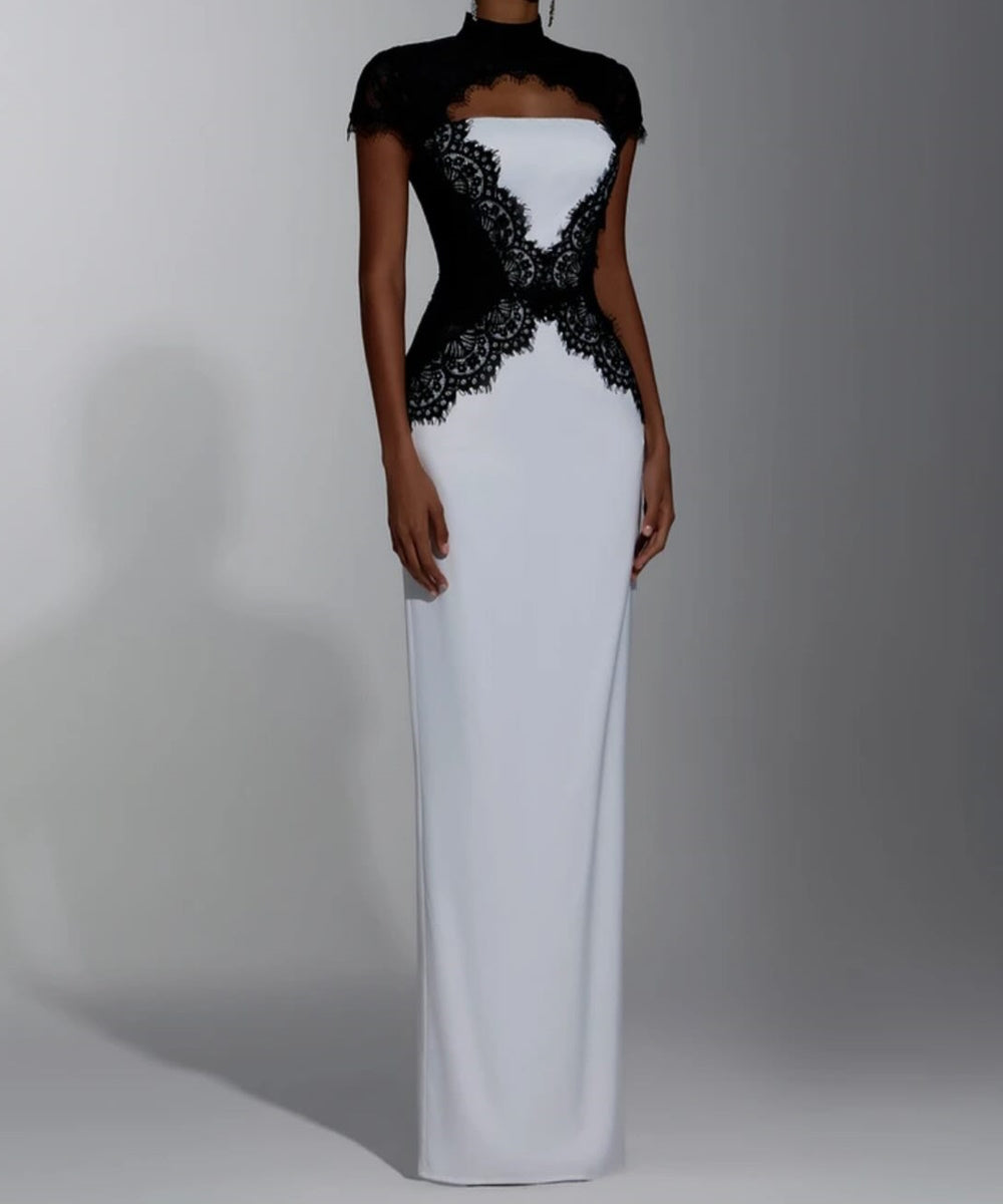 White Mermaid Formal Gown With Black Lace High Neck Cap Sleeve