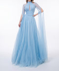 High Neck Sky Blue Tulle A-Line Evening Gown With Cape Sleeves