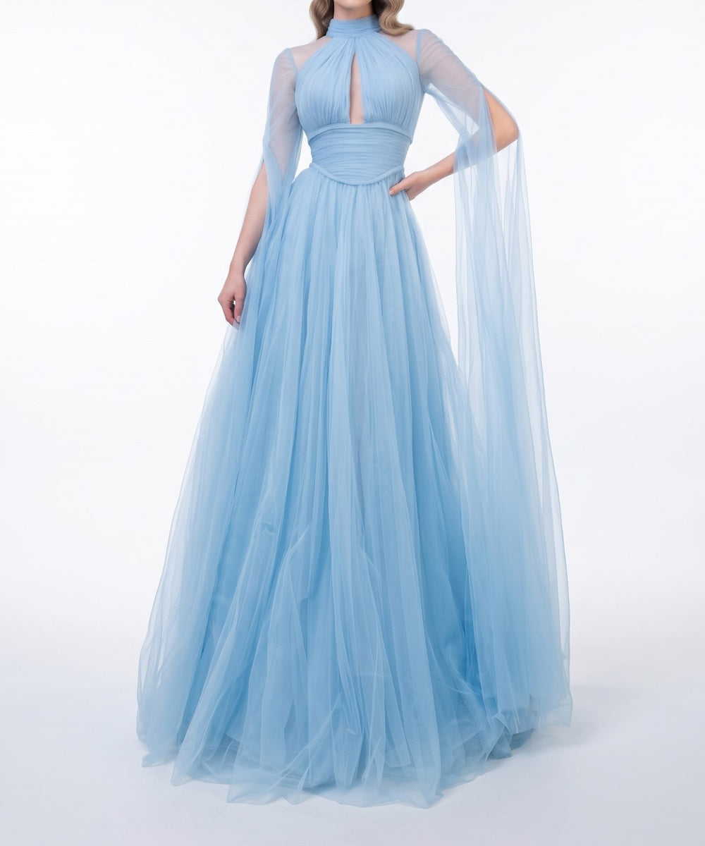High Neck Sky Blue Tulle A-Line Evening Gown With Cape Sleeves
