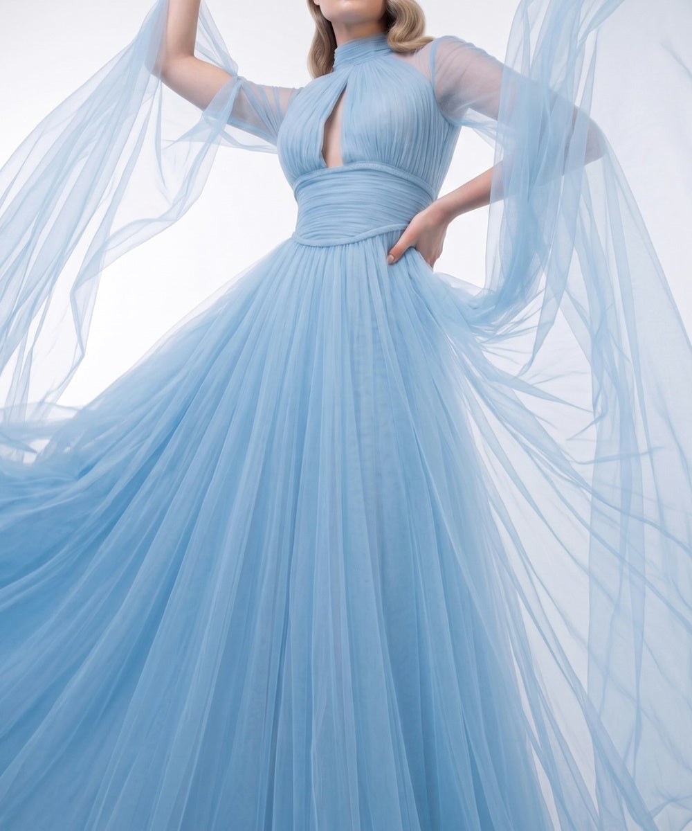 High Neck Sky Blue Tulle A-Line Evening Gown With Cape Sleeves