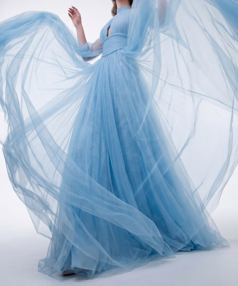 High Neck Sky Blue Tulle A-Line Evening Gown With Cape Sleeves