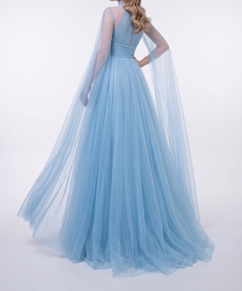 High Neck Sky Blue Tulle A-Line Evening Gown With Cape Sleeves