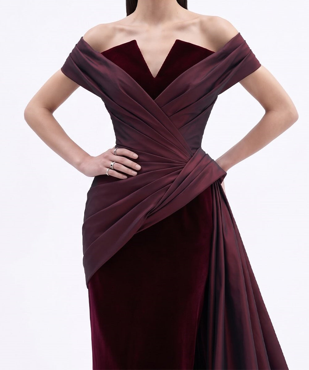 Off-the-Shoulder Burgundy Velvet & Satin Draped Evening Gown
