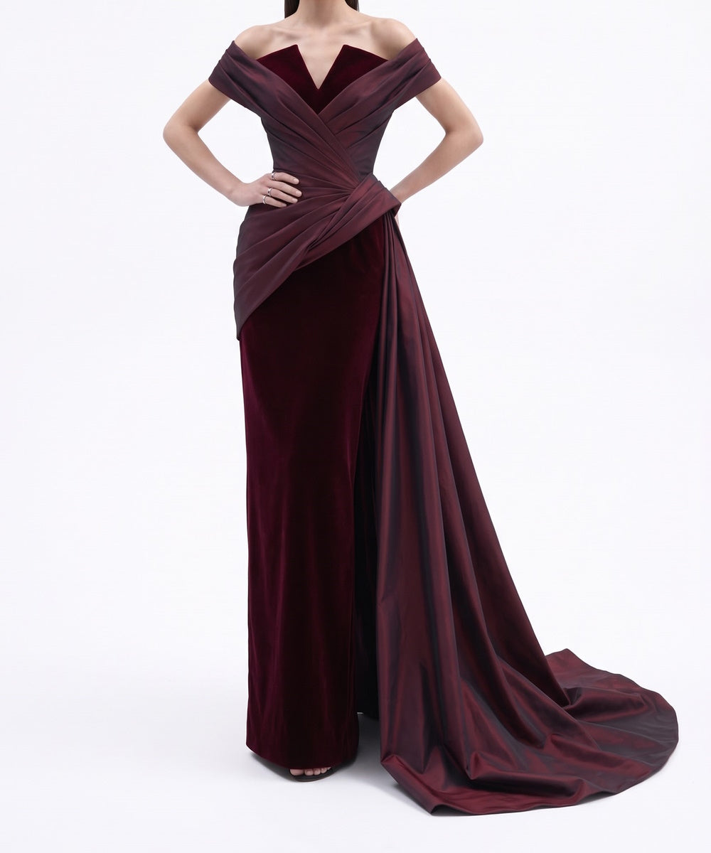 Off-the-Shoulder Burgundy Velvet & Satin Draped Evening Gown