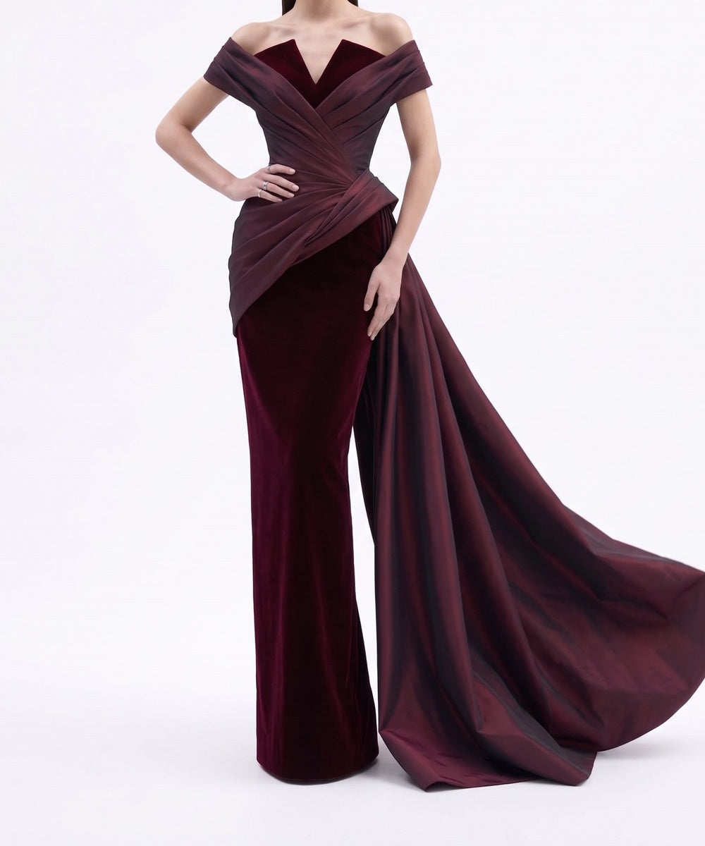Off-the-Shoulder Burgundy Velvet & Satin Draped Evening Gown