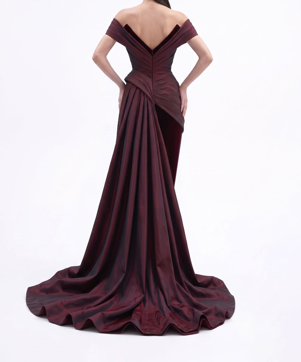 Off-the-Shoulder Burgundy Velvet & Satin Draped Evening Gown