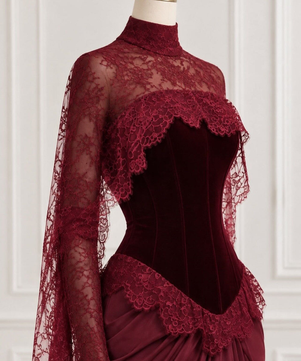 Burgundy High Neck Velvet Corset Mermaid Evening Gown With Lace Cape Sleeves