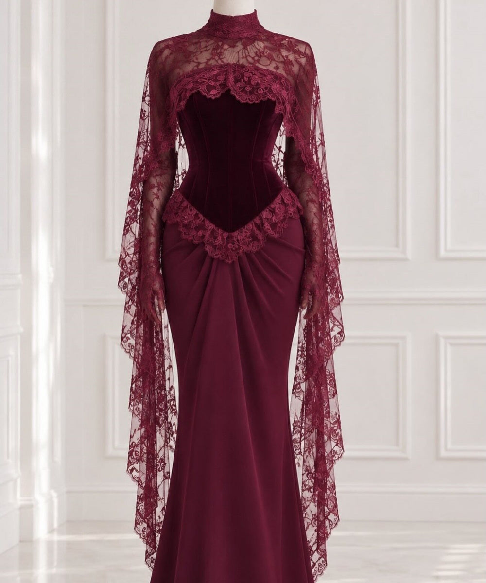 Burgundy High Neck Velvet Corset Mermaid Evening Gown With Lace Cape Sleeves