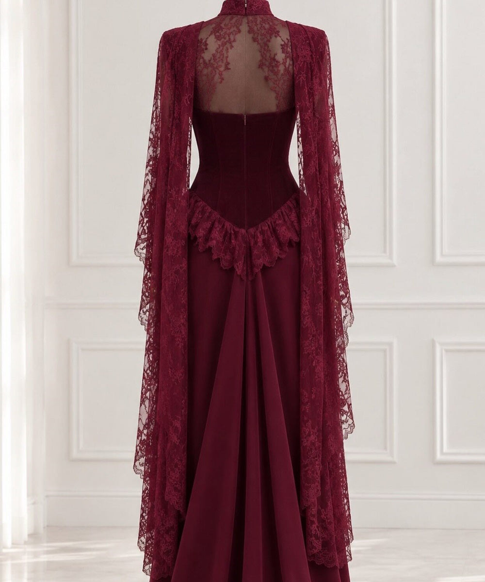 Burgundy High Neck Velvet Corset Mermaid Evening Gown With Lace Cape Sleeves