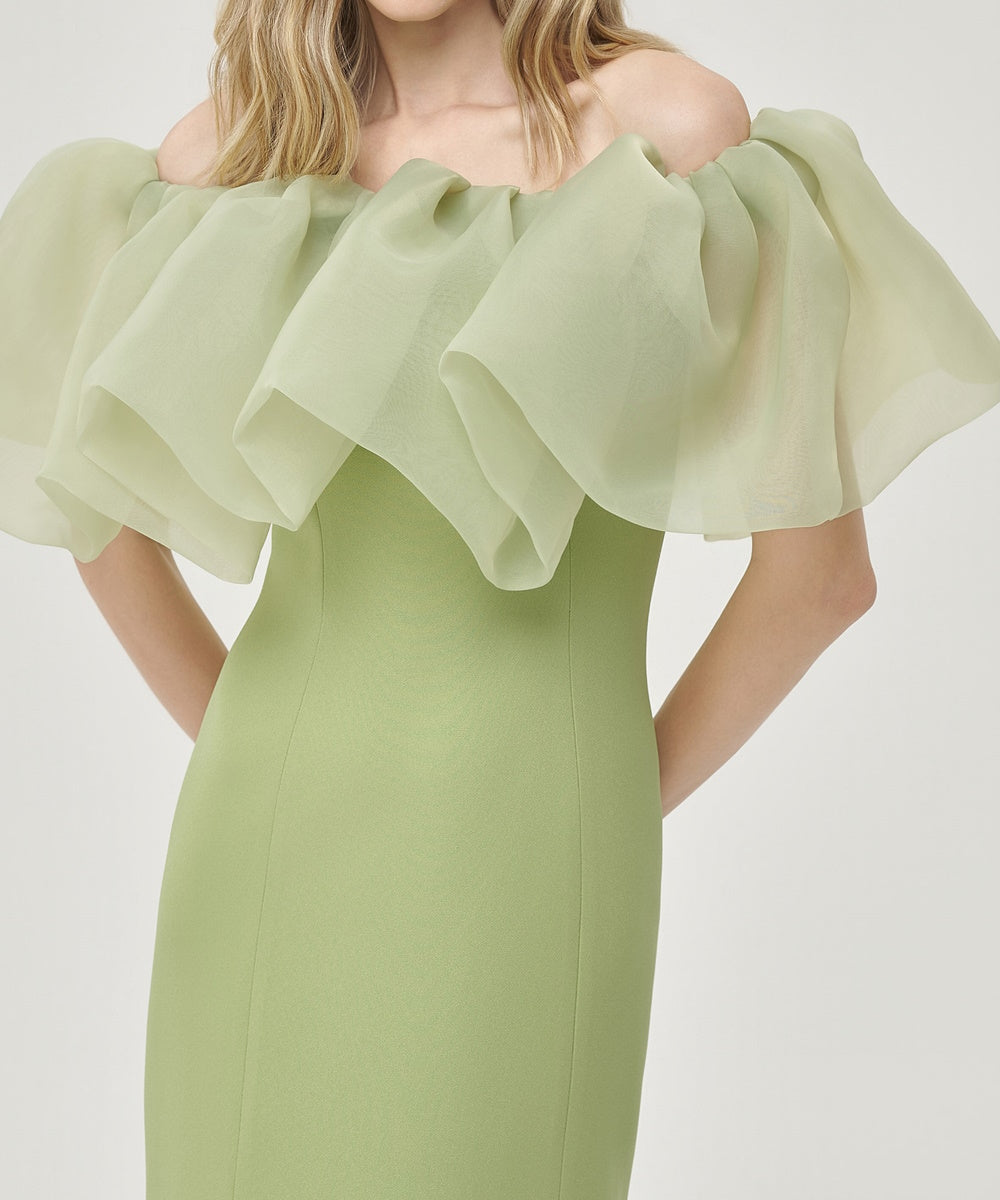 Off Shoulder Ruffled Organza Mermaid Formal Evening Gown, Sage Green
