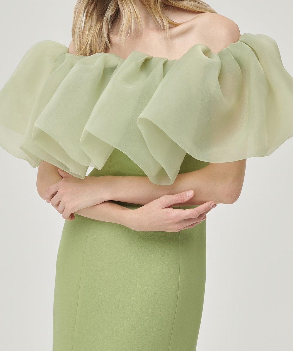 Off Shoulder Ruffled Organza Mermaid Formal Evening Gown, Sage Green