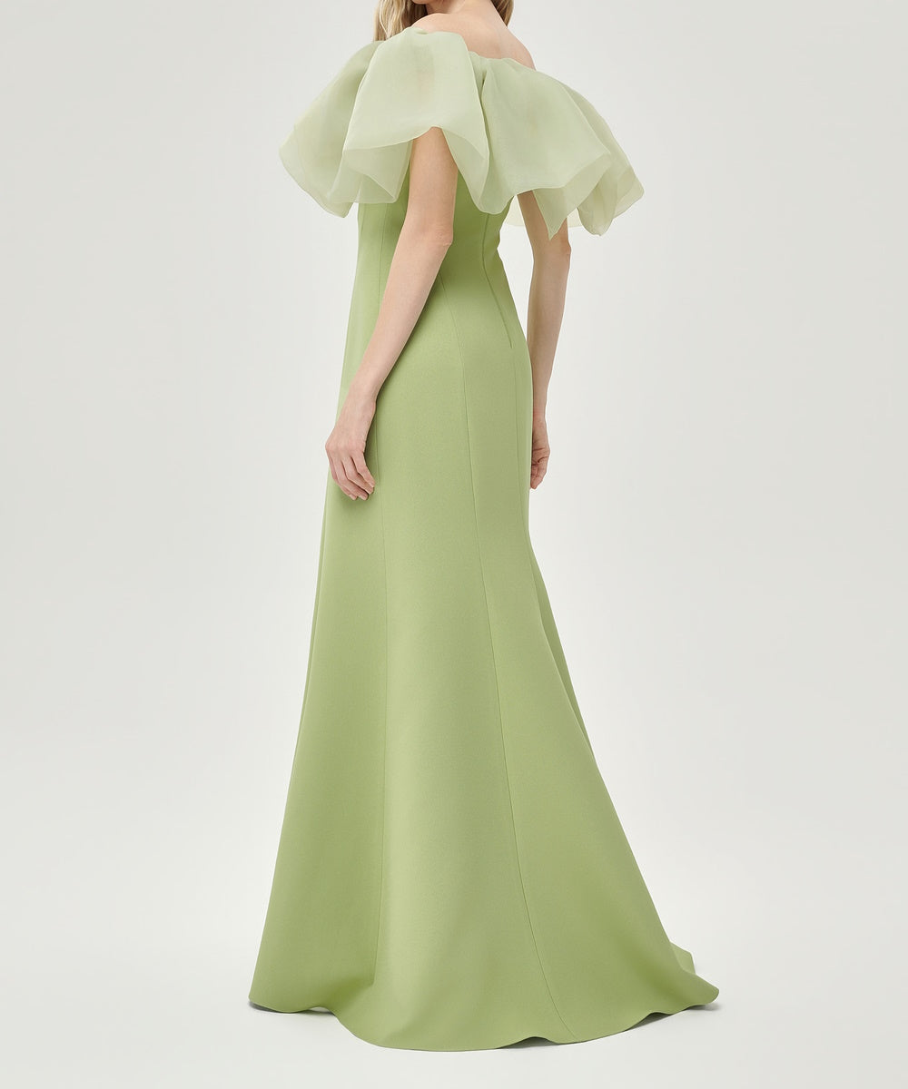 Off Shoulder Ruffled Organza Mermaid Formal Evening Gown, Sage Green