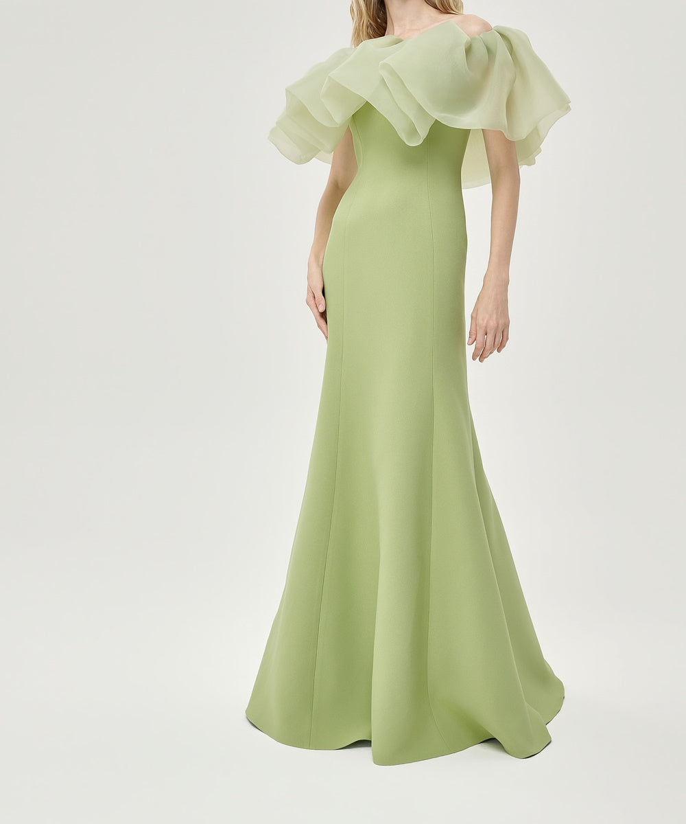 Off Shoulder Ruffled Organza Mermaid Formal Evening Gown, Sage Green