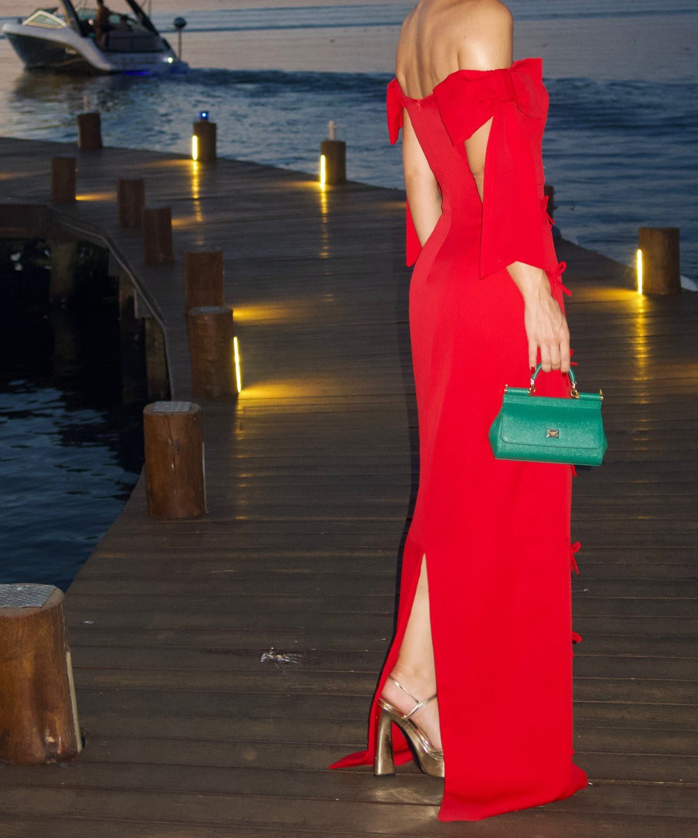 Red Off The Shoulder Bow Detail Slit Maxi Formal Evening Dress
