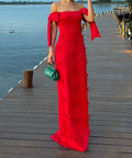Red Off The Shoulder Bow Detail Slit Maxi Formal Evening Dress