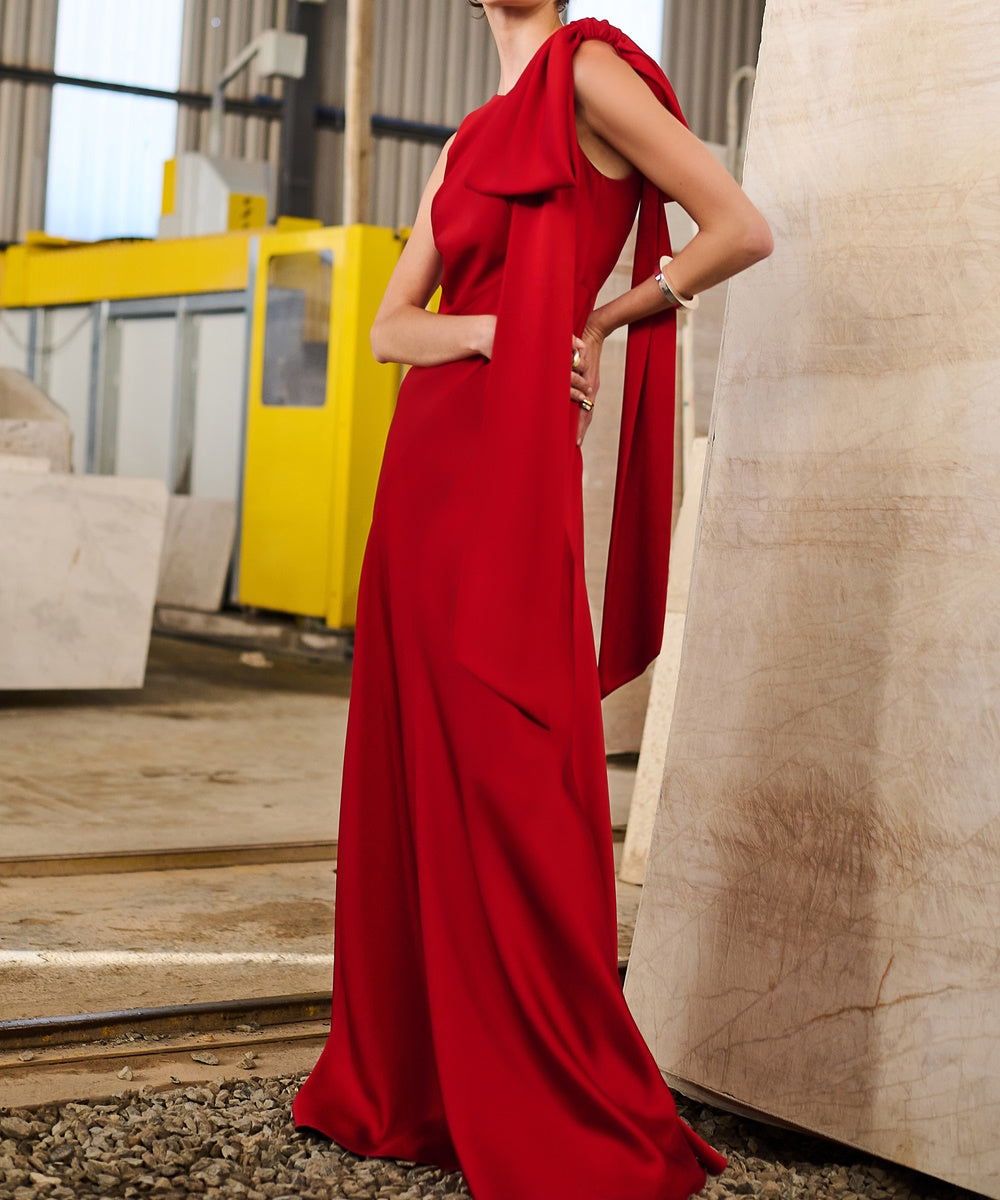 One Shoulder Bow Detail Satin Mermaid Evening Gown