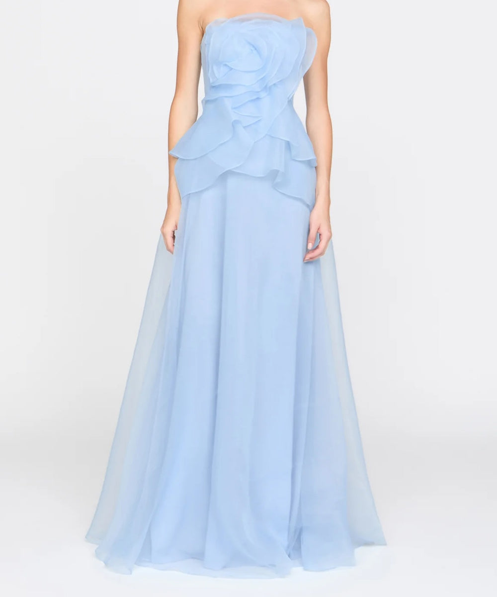 Light Blue Strapless 3D Floral Ruffle Organza Maxi Formal Gown
