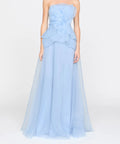 Light Blue Strapless 3D Floral Ruffle Organza Maxi Formal Gown