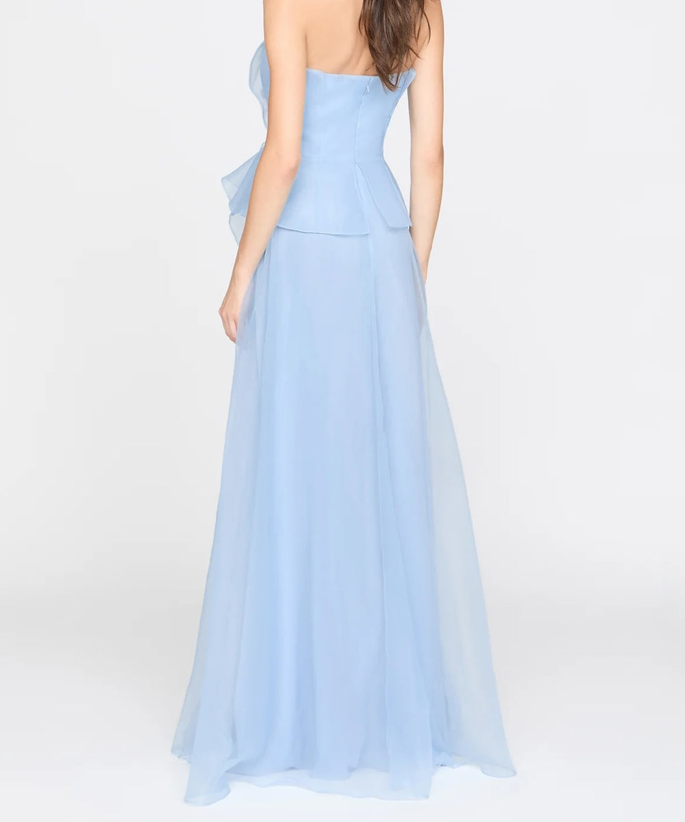 Light Blue Strapless 3D Floral Ruffle Organza Maxi Formal Gown