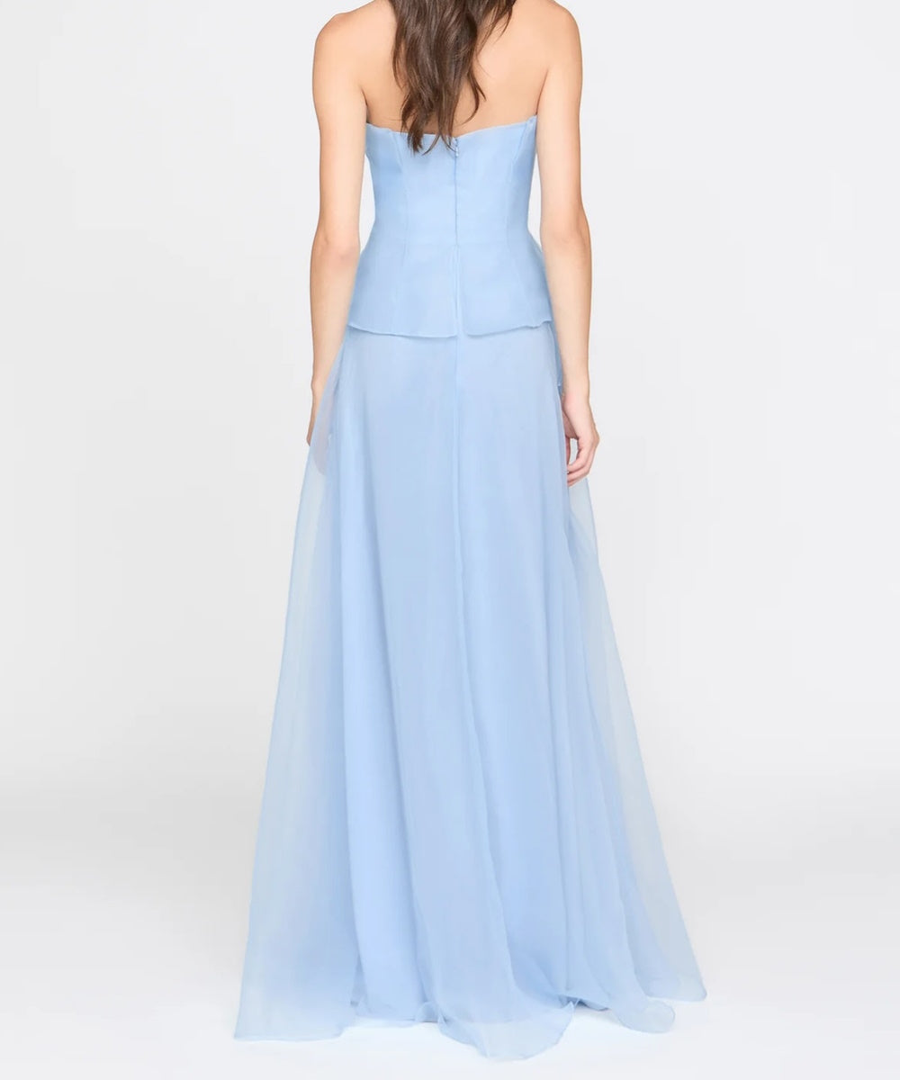 Light Blue Strapless 3D Floral Ruffle Organza Maxi Formal Gown