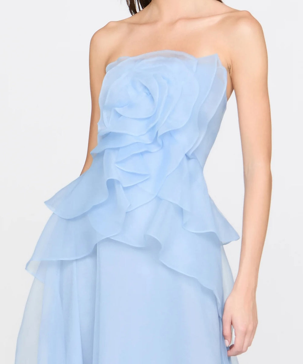 Light Blue Strapless 3D Floral Ruffle Organza Maxi Formal Gown