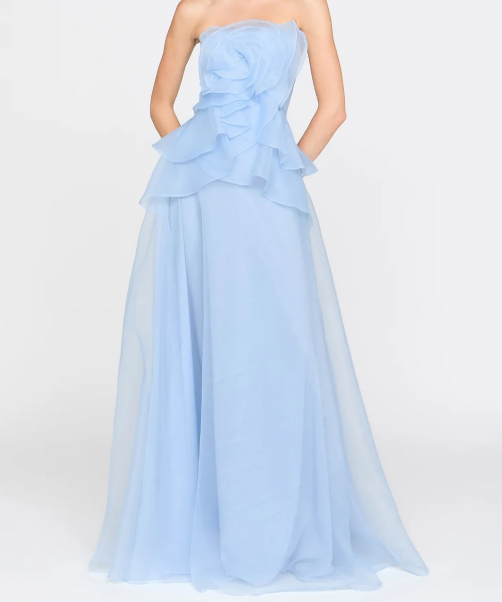 Light Blue Strapless 3D Floral Ruffle Organza Maxi Formal Gown