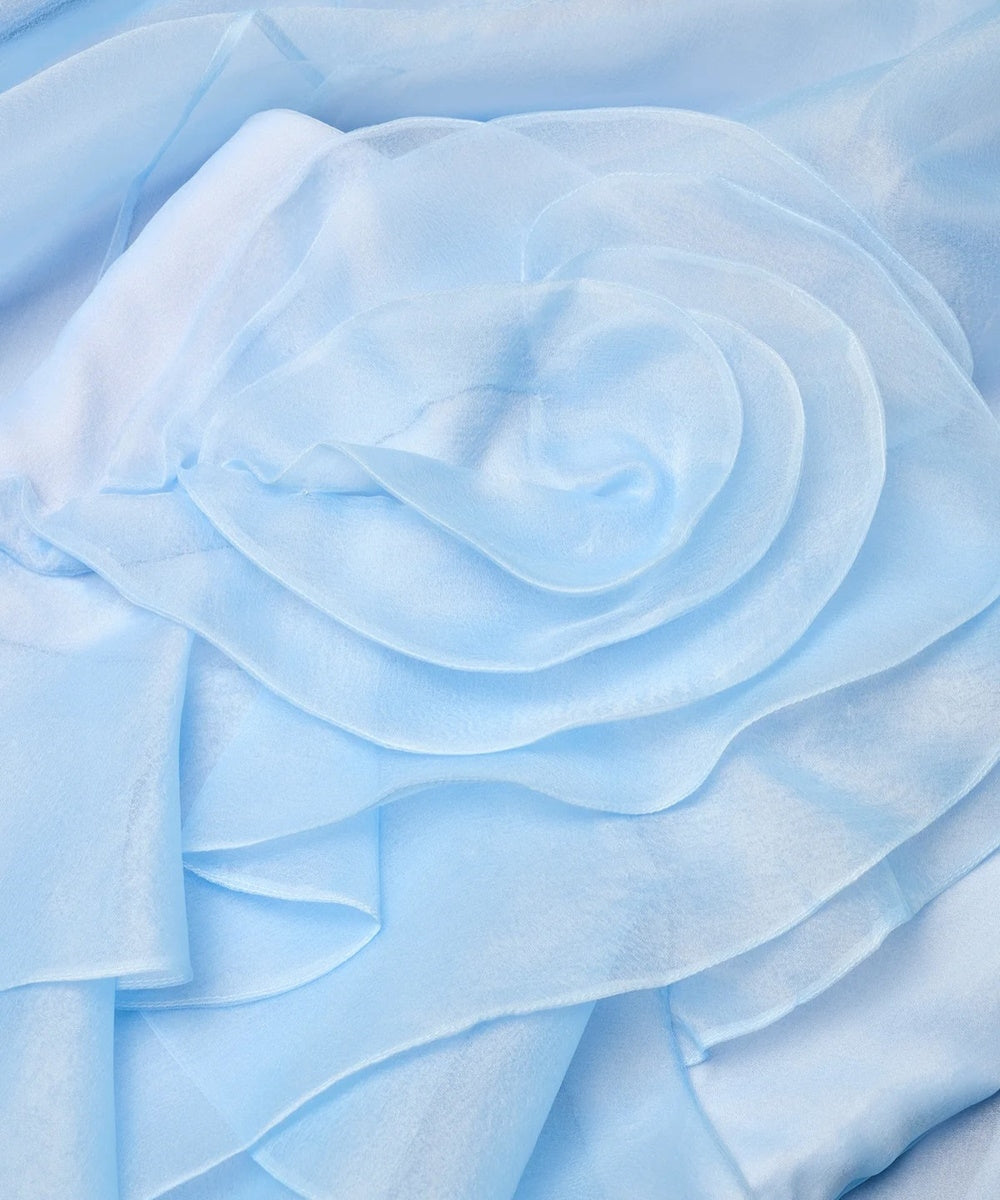 Light Blue Strapless 3D Floral Ruffle Organza Maxi Formal Gown