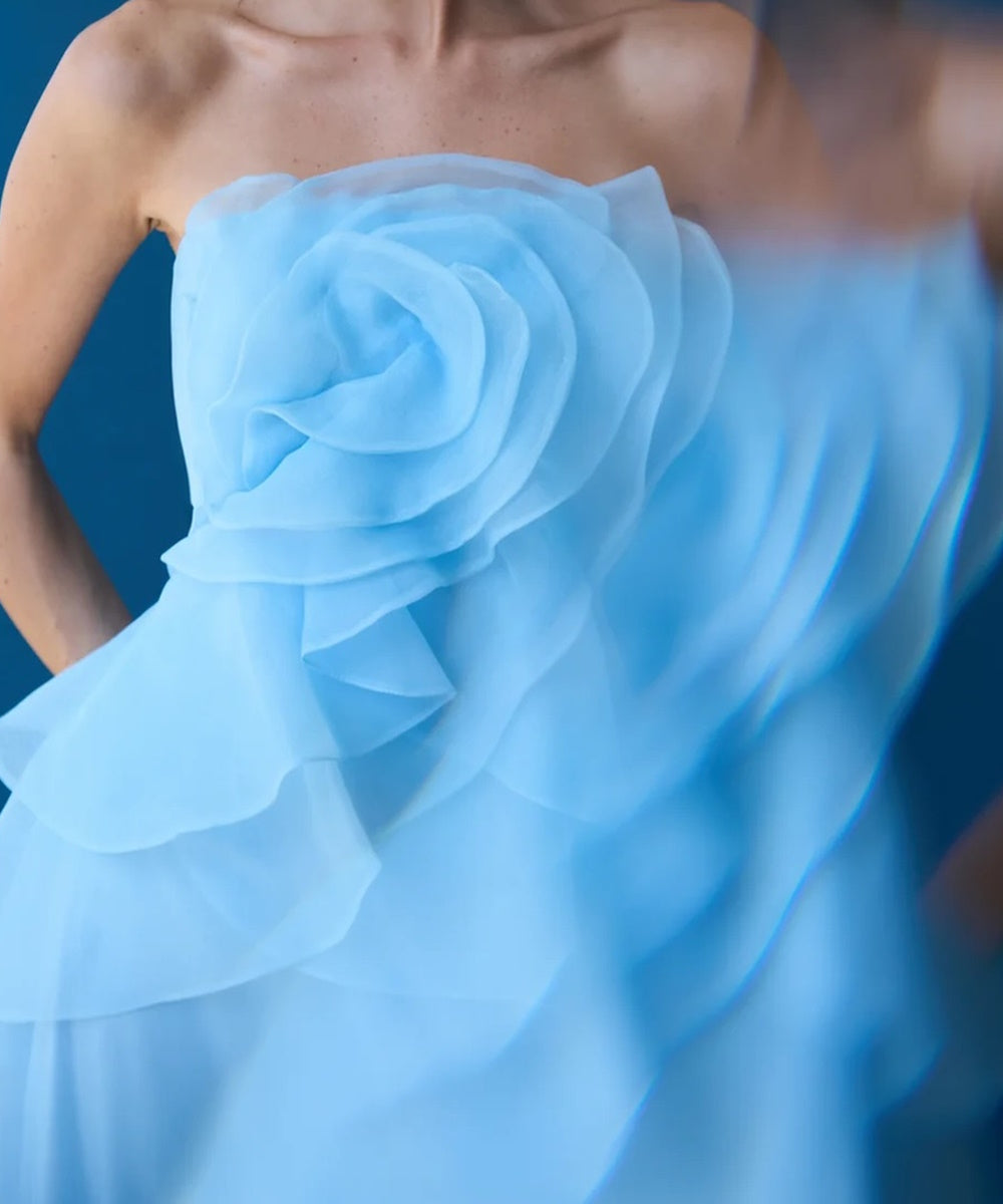 Light Blue Strapless 3D Floral Ruffle Organza Maxi Formal Gown