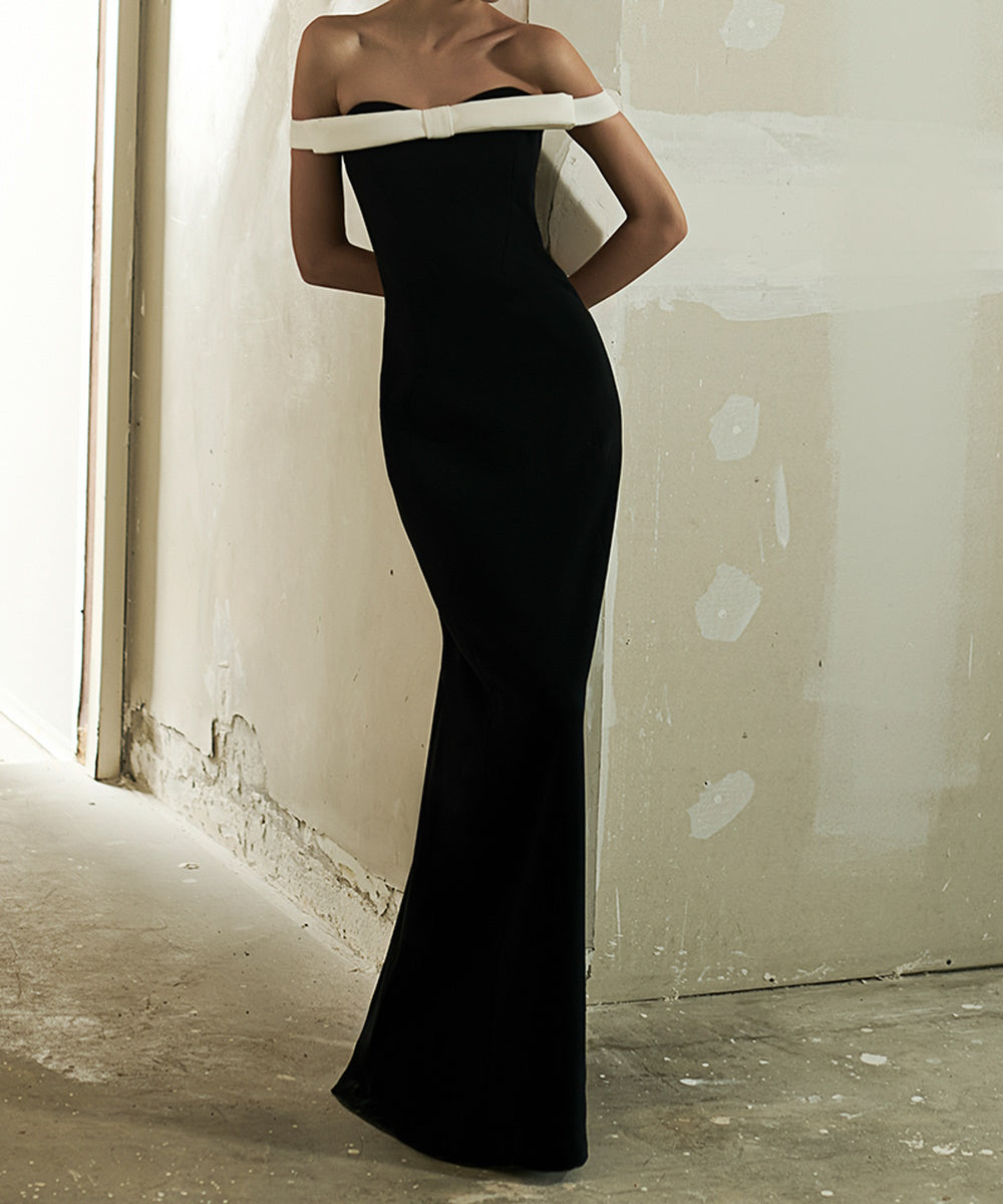 Off Shoulder Black White Contrast Bow Mermaid Formal Maxi Dress