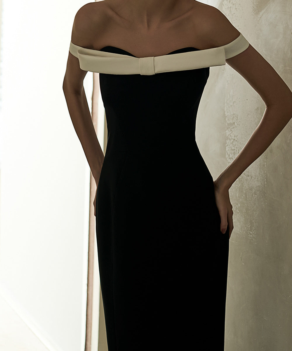 Off Shoulder Black White Contrast Bow Mermaid Formal Maxi Dress