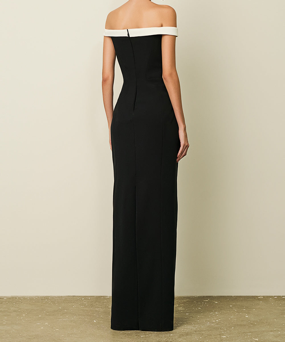 Off Shoulder Black White Contrast Bow Mermaid Formal Maxi Dress